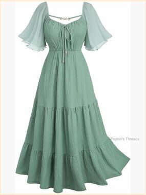 Plus Size Renaissance Fairy Midi Dress Flutter Sleeve Square Neck A-line High
